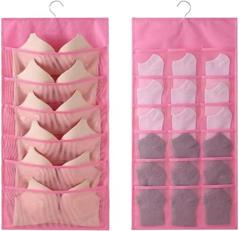 Photo 1 of Bra and Underwear Hanging Storage Organizer Mesh Pockets Dual Sided Wall Shelves Space Saver Bag Sock Underpants Drawer Closet Clothes Rack (Pink)
