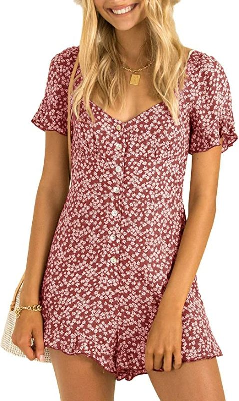 Photo 1 of Yemgsip Women's Floral Print Boho Romper Button Down Ruffle Short Sleeve Jumpsuit Chiffon Mini Shorts Rompers SIZE MEDIUM
