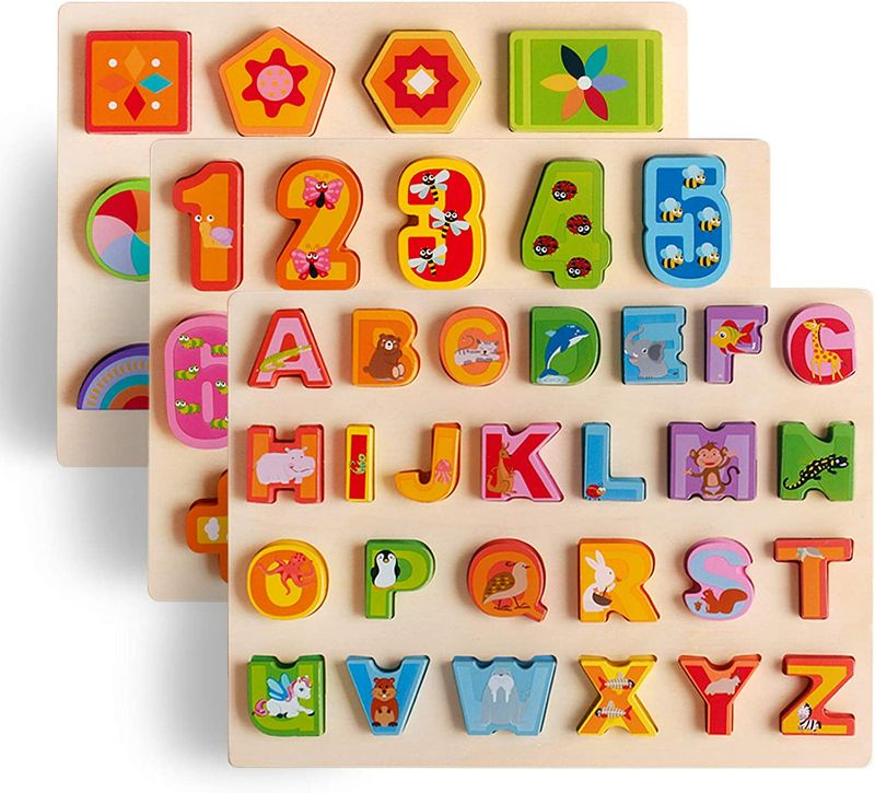 Photo 1 of UMTOY Wooden Puzzles for Toddlers, Alphabet Number Shape Puzzles Toddler Learning Puzzle Toys for Kids boy and Girls Set, 3 in 1 Puzzle for Toddlers
