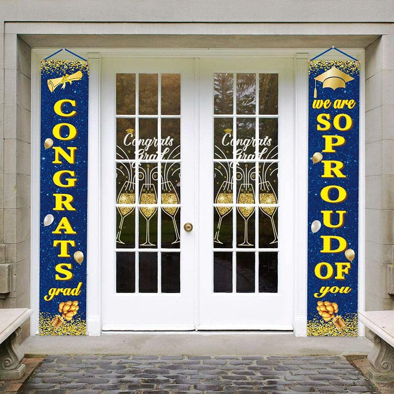 Photo 1 of Gold silver and Royal Blue Graduation Porch Party Decorations,Congrats grad Banner College Door Hanging Ornament,Graduations Party Favors Supplies Decor sign for Outdoor Indoor. 
HAS SILVER SEE PHOTO.