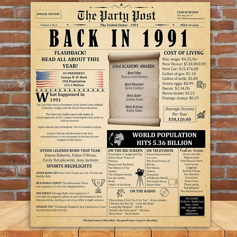 Photo 1 of 32nd Birthday Party Decorations Poster - 32 Years Ago Anniversary Sign 11x14 In. Vintage Home Decor Supplies for Her or Him. Back In 1991 Historical Banner for Women or Men Turning 32 Years Old
