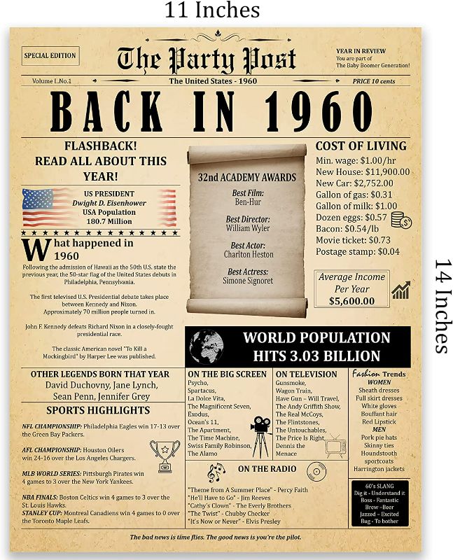 Photo 1 of 64rd Birthday Party Decorations Poster - 63 Years Ago Anniversary Sign 11x14 In. Vintage Home Decor Supplies for Her or Him. Back In 1960 Historical Banner for Women or Men Turning 63 Years Old YEAR 1961 
