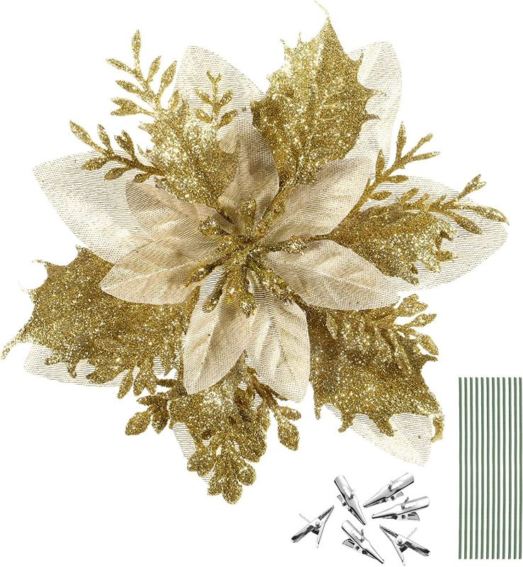 Photo 1 of  Christmas Artificial Flowers, 12pcs Gold Artificial Floral for Christmas Tree with Clips and Stems Christmas Floral Ornaments
