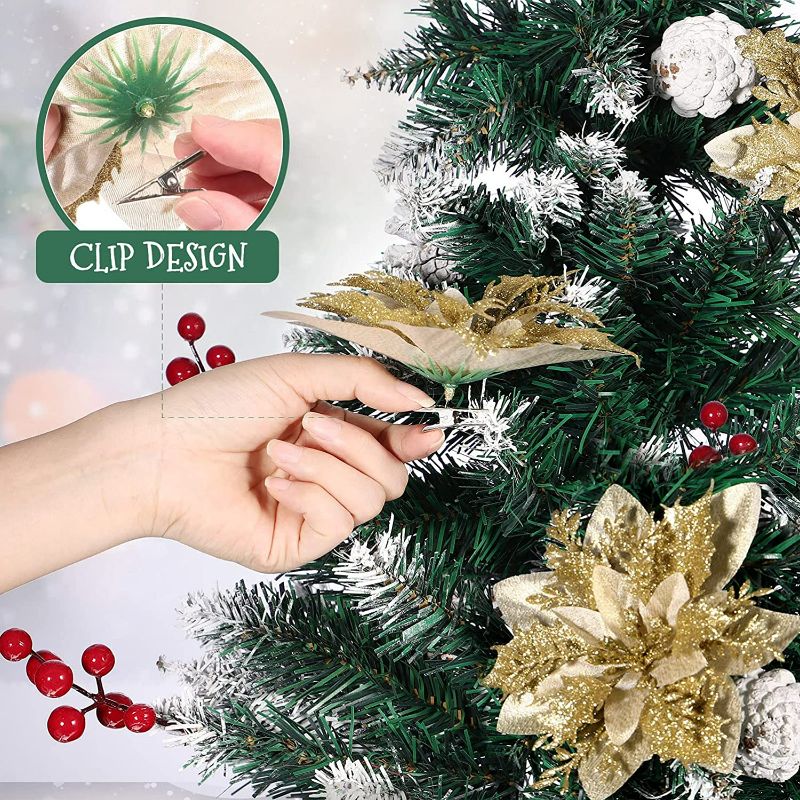 Photo 2 of  Christmas Artificial Flowers, 12pcs Gold Artificial Floral for Christmas Tree with Clips and Stems Christmas Floral Ornaments
