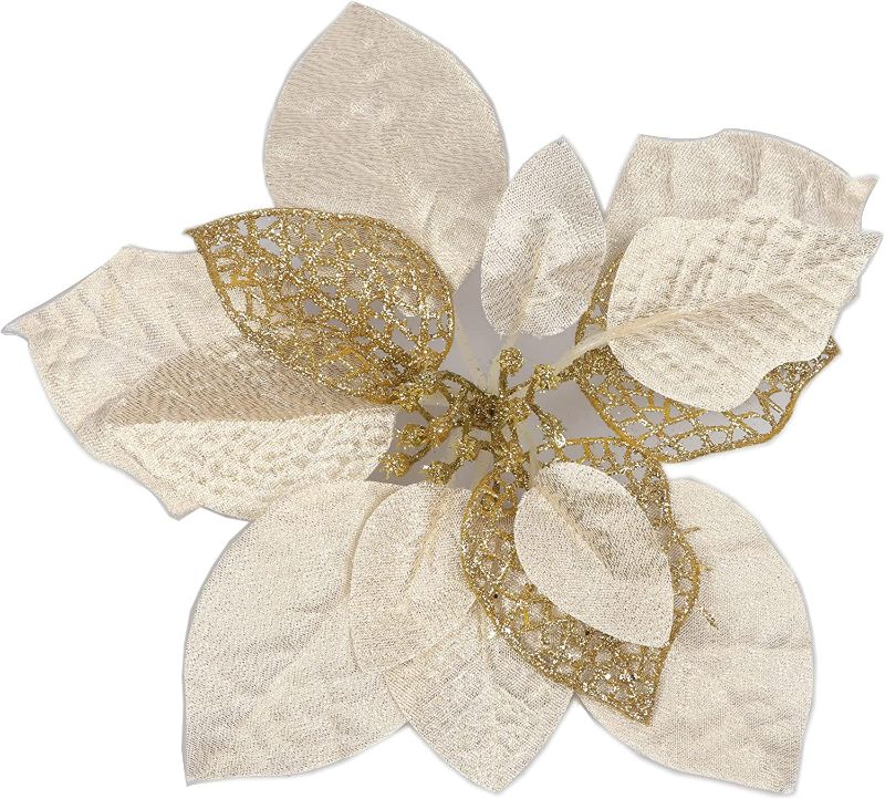Photo 1 of 12pcs Silk Shinning Sprakled Glitter Poinsettia Artificial Flower for Xmas Tree Christmas Decorations(Cream/Gold,8 Inch)

