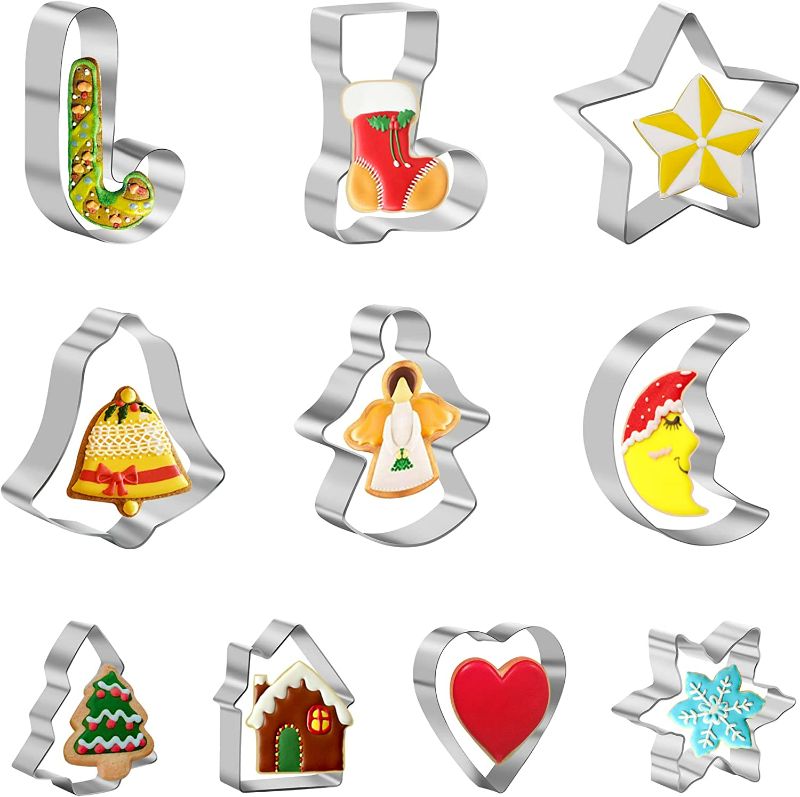 Photo 1 of Christmas Cookie Cutters, 10 Pcs 2 Inches Stainless Steel for Xmas/Holiday/Party Supplies/Gifts-Snowflake, Bell, Christmas Tree, Star, Moon, Angle, Heart & More Cookie Cutters Christmas Shapes
