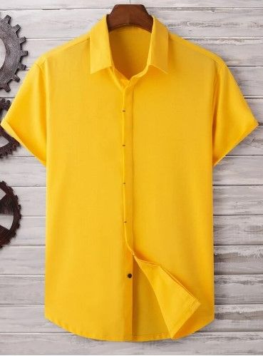Photo 1 of Men Button Up Curved Hem Shirt COLOR YELLOW SIZE XL