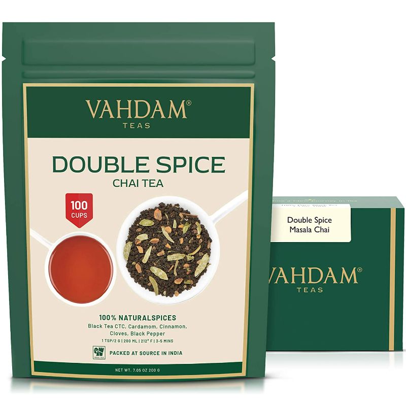 Photo 1 of VAHDAM, Double Spice Masala Chai Tea Strong, Robust & Spicy - Pure Ingredients - ??Blend of Black Tea, Cardamom, Cinnamon, Cloves & Black Pepper - Brew Chai Latte
