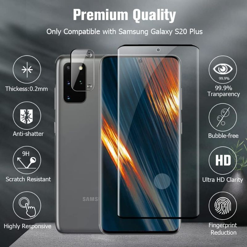 Photo 2 of [2+2 Pack] Galaxy S20 Plus Screen Protector, 2 Pack Camera Lens Protector , Ultrasonic Fingerprint Support, 3D Curved, HD Clear, 9H Tempered Glass Screen Protector for Samsung Galaxy S20 Plus (6.7 Inch)
