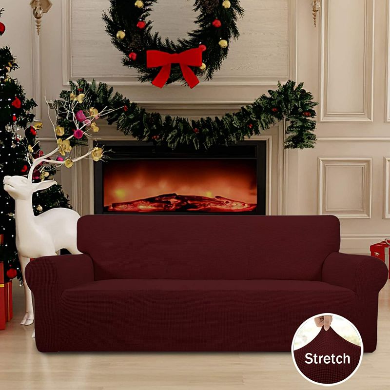 Photo 1 of Easy-Going Stretch Sofa Slipcover 1-Piece Sofa Cover Furniture Protector Couch Soft with Elastic Bottom for Kids, Polyester Spandex Jacquard Fabric Small Checks (Sofa, Wine)
