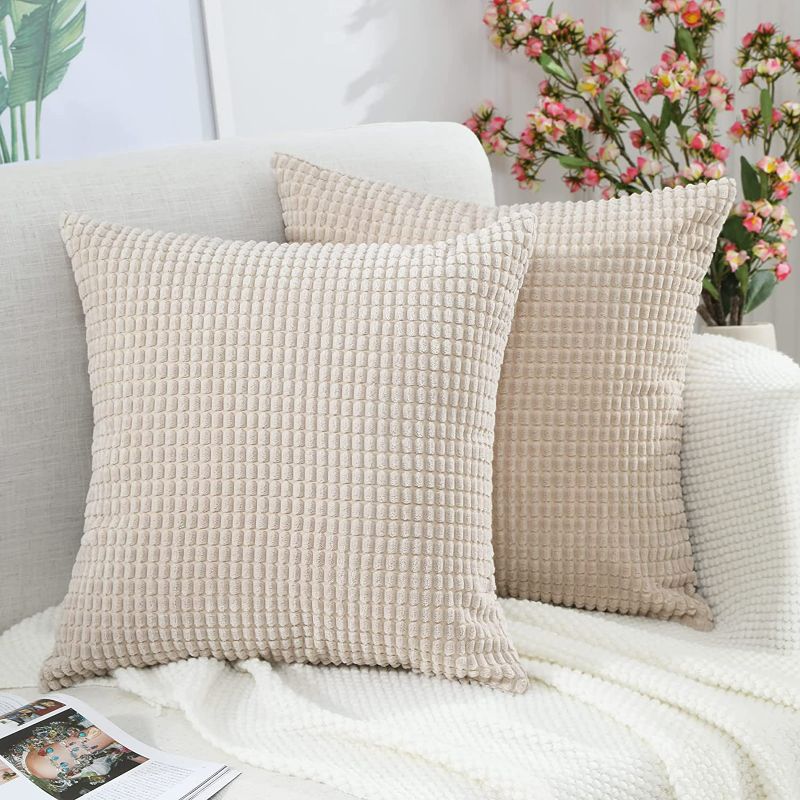Photo 1 of BeBen Throw Pillow Covers, Decorative Pillow Covers 20x20, Set of 2 Soft Corduroy Square Cushion Case Home Decor for Couch, Bed, Sofa, Bedroom, Car, Beige
