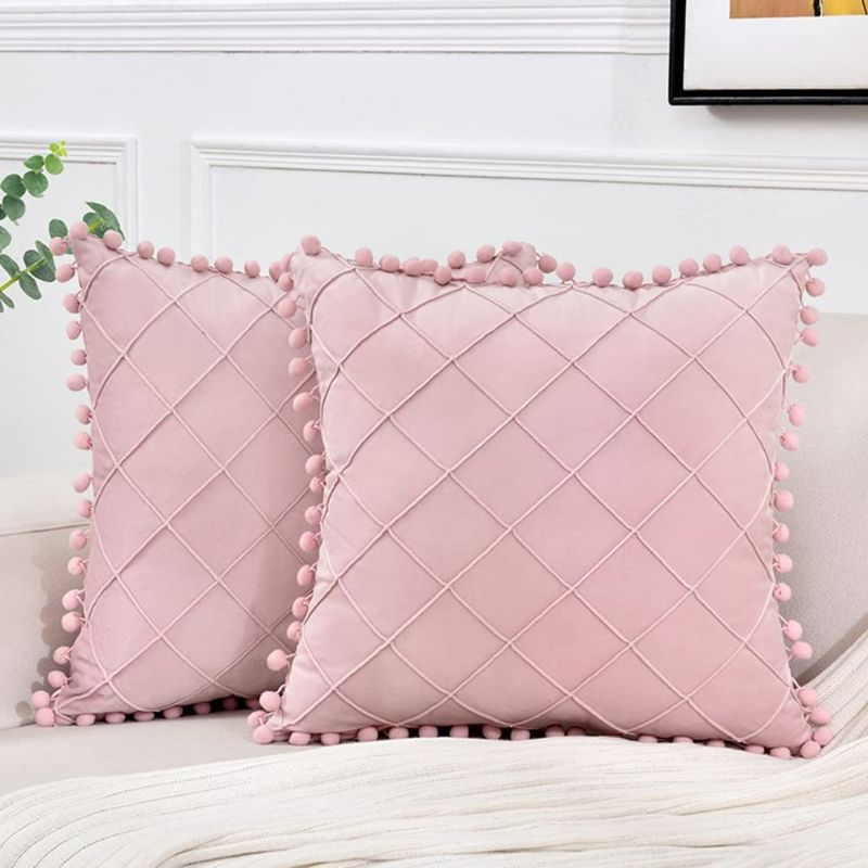 Photo 1 of  2 Packs Blush Pink Decorative Throw Pillow Covers 18x18 Inch with Pom-poms for Couch Sofa Bed Bedroom, Rustic Farmhouse Boho Home Decor, Soft Velvet Cute Solid Square Cushion Case 
