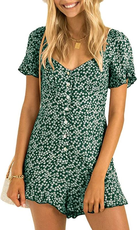 Photo 1 of Women's Floral Print Boho Romper Button Down Ruffle Short Sleeve Jumpsuit Chiffon Mini Shorts Rompers COLOR GREEN
