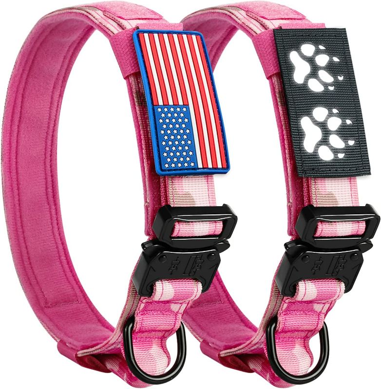 Photo 1 of Tactical Dog Collar Pink Camo Military Dog Collar with USA Flag & Reflective Patch, 1.5" Width K9 Collar with Adjustable Heavy Duty Metal Buckle & Control Handle for Training Medium Large Dogs ?XL?
