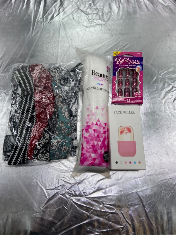Photo 1 of  BUNDLE OF - 6Pcs boho women headbands , Flower ice face roller . Pre-glued nail set 12ct , Round cotton pads 100ct.