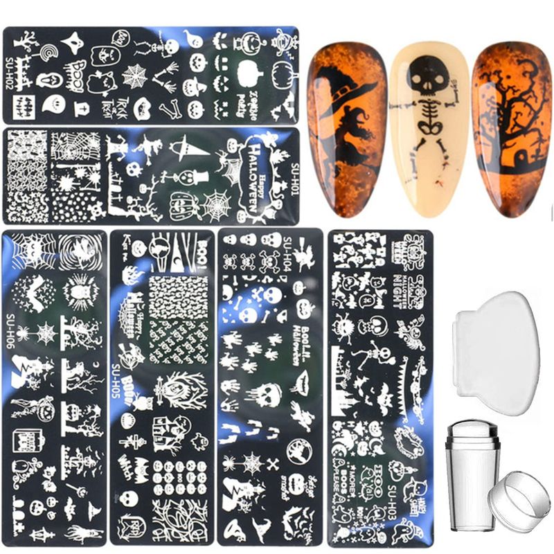 Photo 1 of Halloween Nail Stamping Kit +1 Stamper+1 Scraper Nail Art Stamping Kit Pumpkin Pumpkin Skull Bat Owl Skeleton Ghost Spider Witch Nail Art Design for Acrylic Nail Supplies,DIY Nail Decoration Kits
