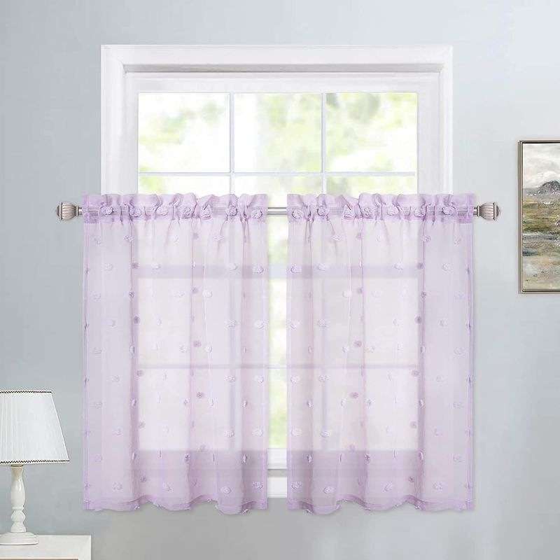 Photo 1 of  Kitchen Curtains for Bathroom, Pom Pom Design Farmhouse Sheer Tier Curtains 30 Inch Purple Pompoms Bubble Café Curtain Set for Girls Bedroom Decor, 26" W x 30" L
