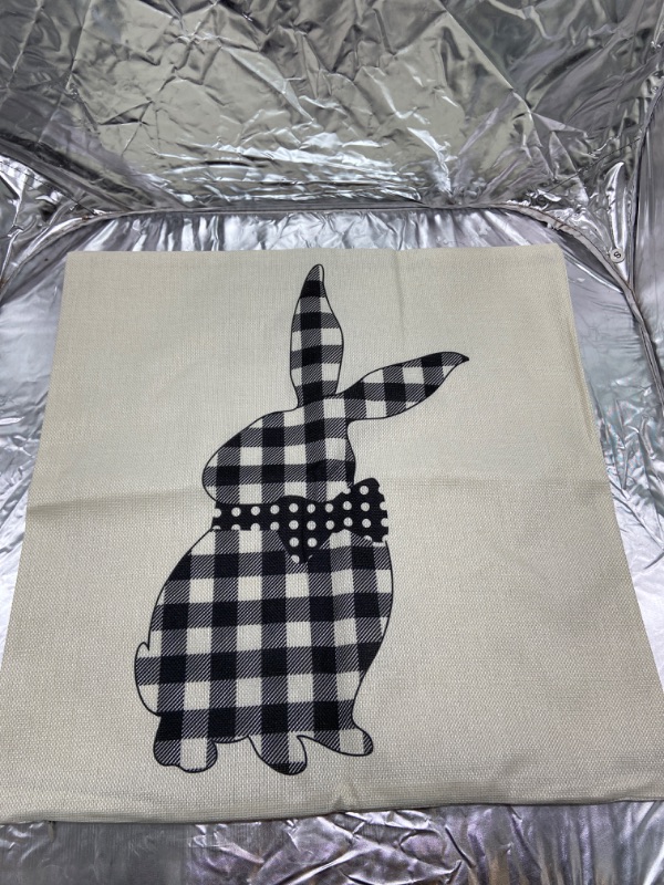 Photo 2 of  Happy Easter Buffalo black & beige plaid Rabbit Throw Pillow Cover, Set of 4.

