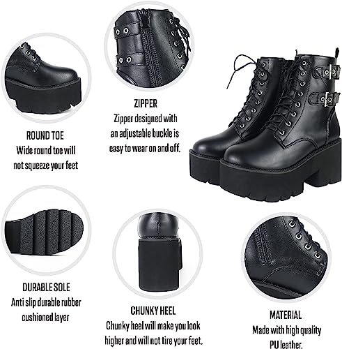 Photo 2 of Womens Chunky Platform Ankle Boots For Women Punk Chain High Heel Fashion Boots Lace Up Zip Square Toe Combat Mid Calf boots SIZE 9 
