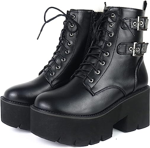 Photo 1 of Womens Chunky Platform Ankle Boots For Women Punk Chain High Heel Fashion Boots Lace Up Zip Square Toe Combat Mid Calf boots SIZE 9 
