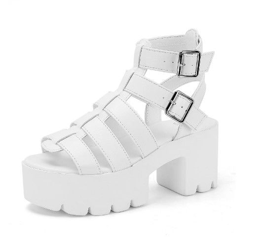 Photo 1 of  Women's Cleated Chunky Platform Sandals in Open Toe Ankle Strap Block Heel Gladiator Sandals(White,Size 7)
