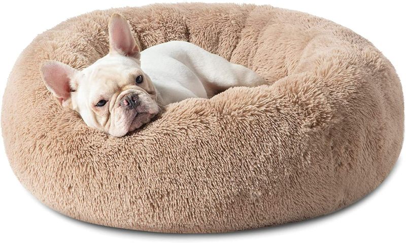 Photo 1 of  Calming Bed for Small Dogs - Donut Washable Pet Bed,  Anti Anxiety Round Fluffy Plush Faux Fur Large, Fits up to 25 lbs Pets, Camel
