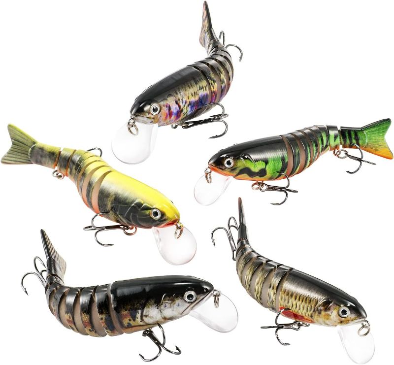 Photo 1 of  Fishing Lures for Bass Trout, Lifelike Segmented Multi Jointed Swimbaits, Slow Sinking Swimming Animated Fishing Lures for Freshwater Saltwater, 5 Pack Swimbaits with Fishing Tackle Box
