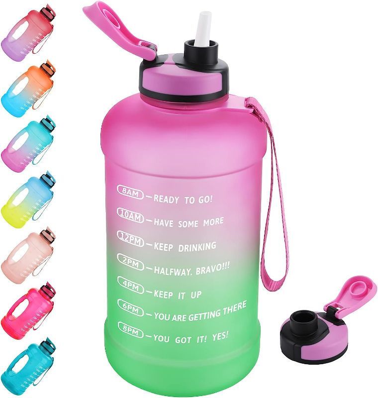 Photo 1 of  Half Gallon/64oz Water Bottle with Straw & Time Marker, Wide Mouth Leakproof BPA Free Sports Motivational Water Jug with Measurements to Ensure You Drink Enough Water (Included Straw Brush)
