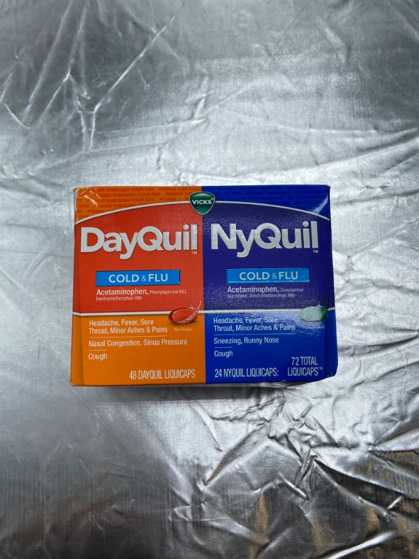 Photo 2 of Vicks DayQuil and NyQuil Combo Pack, Cold & Flu Medicine, Powerful Multi-Symptom Daytime And Nighttime Relief For Headache, Fever, Sore Throat, Cough, 72 Count, 48 DayQuil, 24 NyQuil Liquicaps 72 Count (Pack of 1)