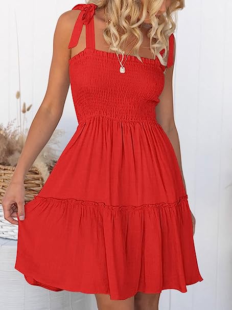 Photo 1 of  Women's 2023 Summer Spaghetti Strap Sleeveless Square Neck Ruffle A Line Swing Mini Dress SEE PHOTO
