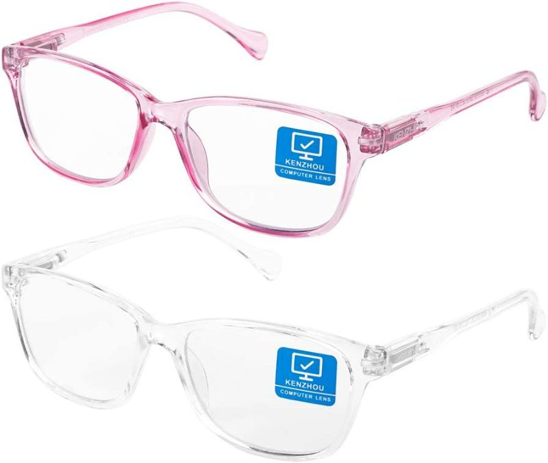 Photo 1 of Blue Light Blocking Computer Glasses 2 Pack for Women & Men Anti Eyestrain & UV 400 Glare Nerd Reading Gaming Glasses(C7,C8) PINK AND CLEAR
