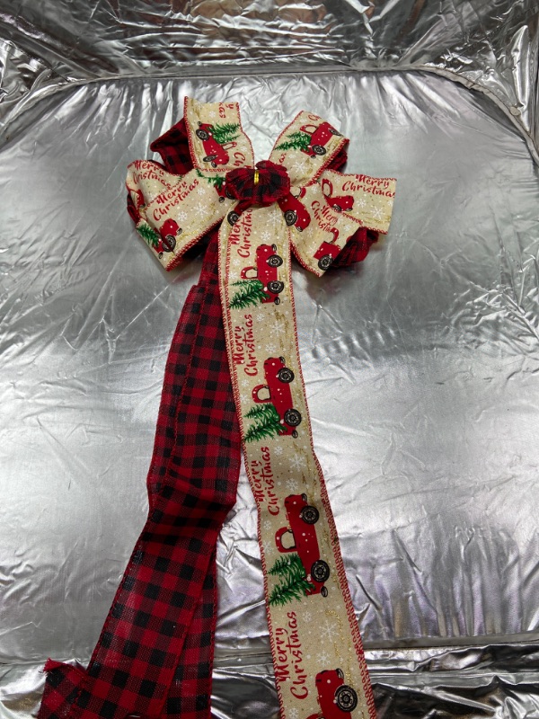 Photo 1 of Christmas Tree Topper - Plaid Red Black Burlap Decorative Bow - Rustic Farmhouse Xmas Decorations Home Decor - SEE PHOTO