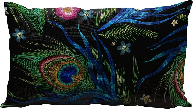 Photo 1 of Wozukia Peacock Feathers and Roses Flowers Decorative Throw Pillow Cover Classical Fashionable Beautiful Tails of Peacocks Black Lumbar Pillow Cases Oblong 12x20 Inches Cotton Linen Cushion Covers
