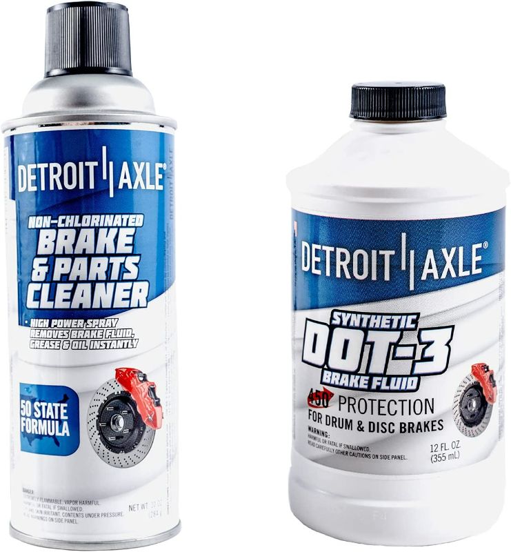 Photo 1 of Detroit Axle - 12oz Synthetic Dot-3 Brake Fluid and 10oz Non Chlorinated Brake Parts Cleaner Bottle - 2pc Set
