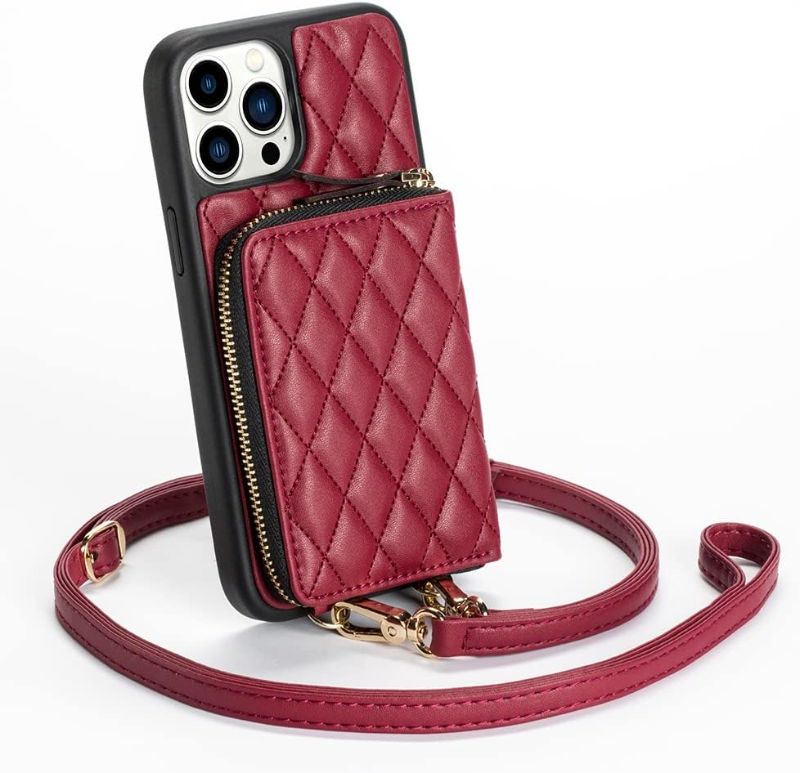 Photo 1 of LAMEEKU Wallet Case Compatible with iPhone 13 Pro Max, Crossbody Case Quilted Leather Card Holder with Wrist Strap Protective Bumper Case Compatible with iPhone 13 Pro Max, 6.7 Inch-Red