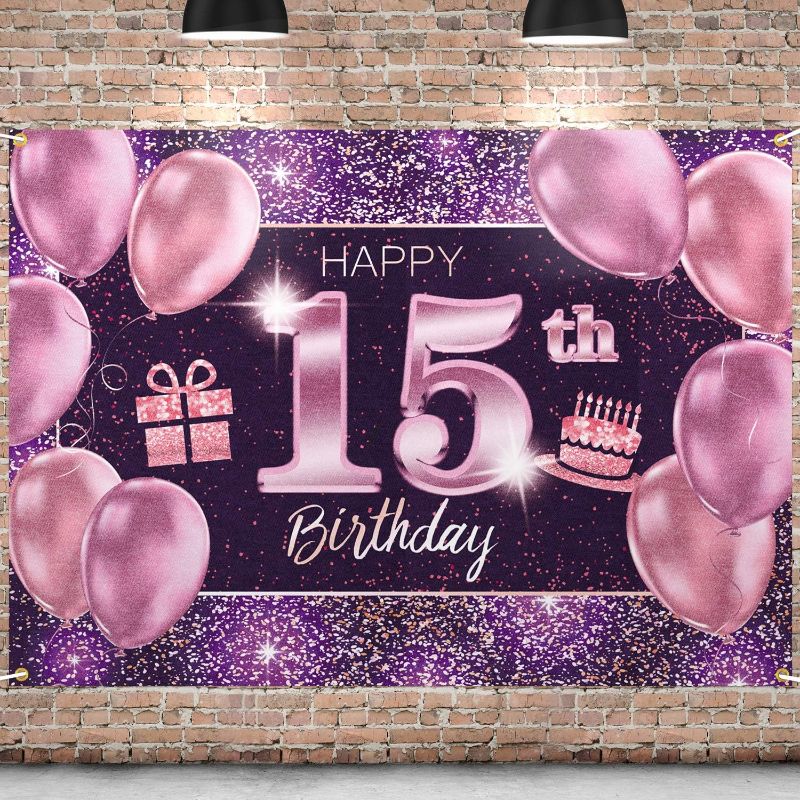 Photo 1 of PAKBOOM Happy 15th Birthday Banner Backdrop - 15 Birthday Party Decorations Supplies for Girl - Pink Purple Gold 4 x 6ft