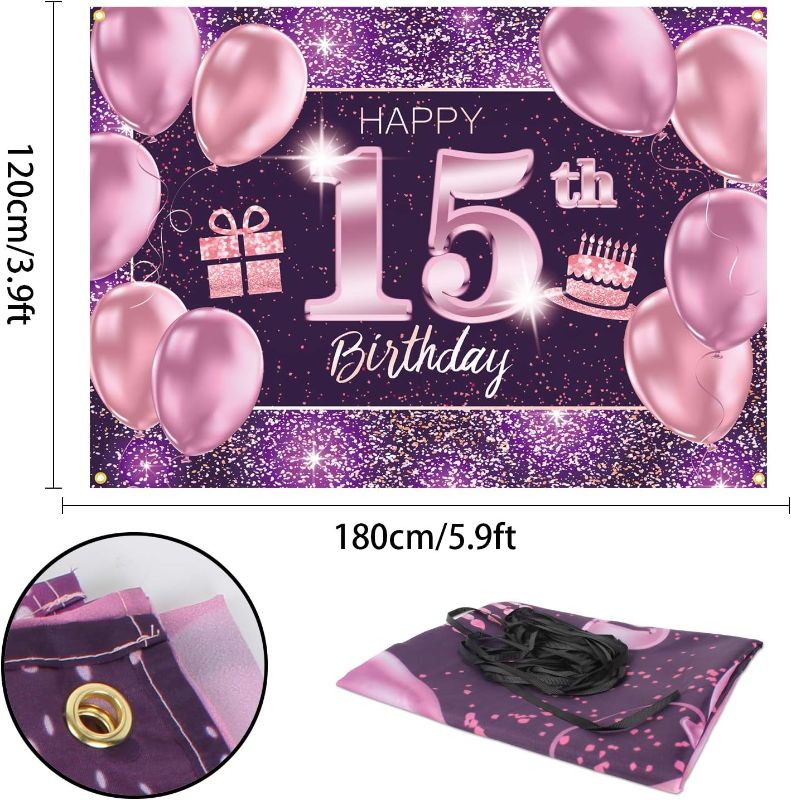 Photo 3 of PAKBOOM Happy 15th Birthday Banner Backdrop - 15 Birthday Party Decorations Supplies for Girl - Pink Purple Gold 4 x 6ft