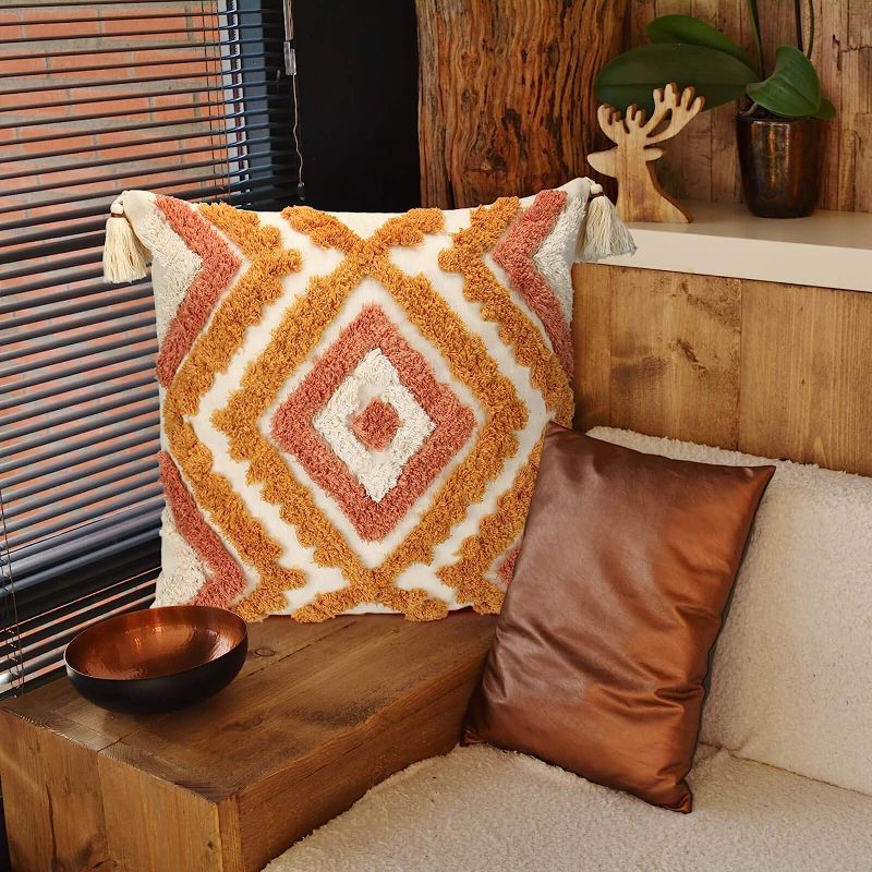 Photo 1 of ANGELLOONG Throw Pillow Covers 18x18, Fall Orange Pillow Covers with Tassels, Woven Tufted Boho Pillow Covers for Couch Sofa Bedroom Living Room?No Pillow Insert, 1Pcs?