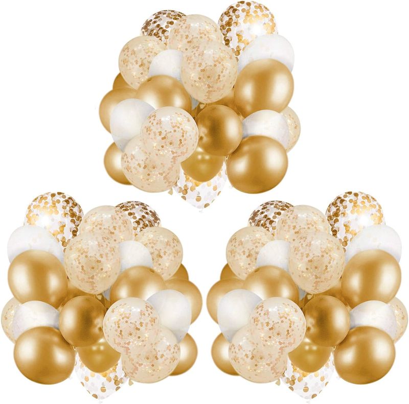 Photo 1 of 60 Pack Gold Balloons + Gold Confetti Balloons w/Ribbon | Balloons Gold | Gold Balloon | Gold Latex Balloons | Golden Balloons | White and Gold Balloons 12 inch | Clear Balloons with Gold Confetti 