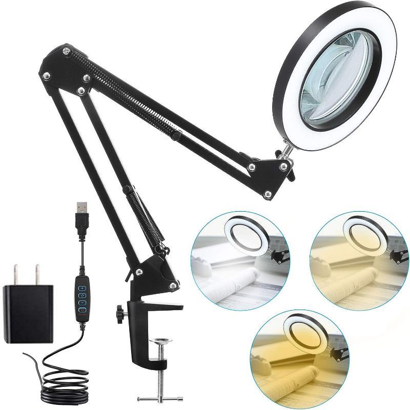 Photo 1 of LED Magnifying Lamp with Clamp, 10X Real Glass Lens, 3 Color Modes and Stepless Dimmable Magnifier Desk Lamp,Adjustable Swivel Arm Lighted Magnifying Glass for Repair Craft Close Work-Black
