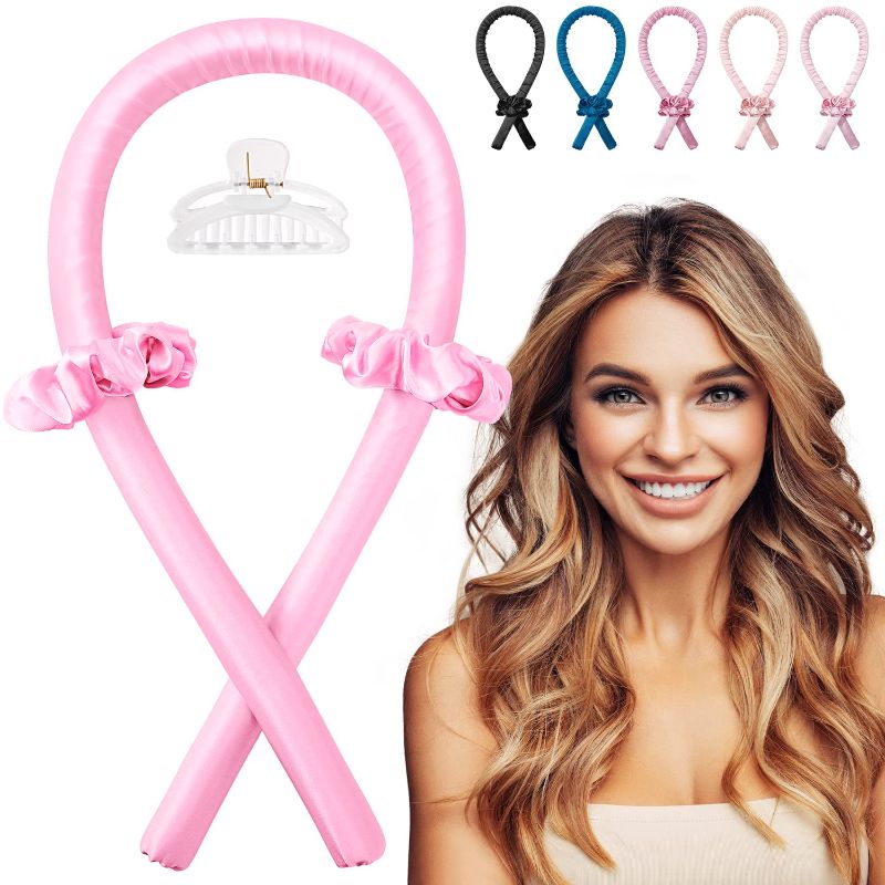 Photo 1 of Heatless Hair Curler For Long Hair, Silk Heatless Curling Rod Headband With Claw Clip, Satin Bag Two Scrunches, Hair Pins And Four Hair Clips, Ribbon Hair Curlers To Sleep In - Pink