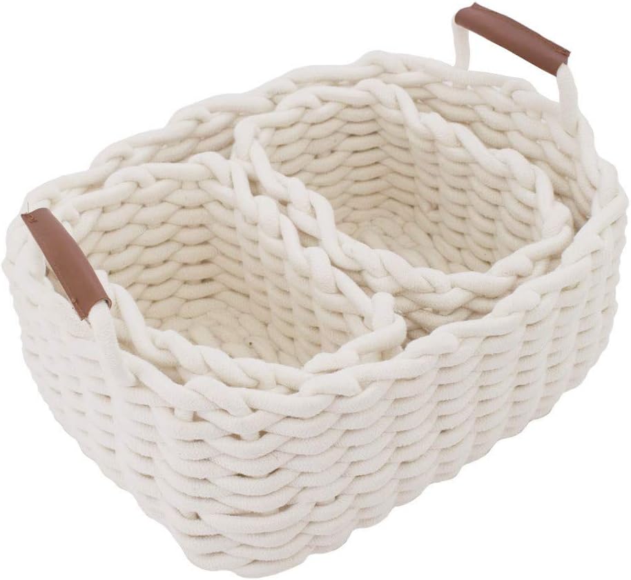 Photo 1 of JJSQYLAN Cotton Rope Blanket Storage Basket for shelf,small decorative woven basket Organization and storage for Candy Food Nursery Baby Clothes Towels Diaper Caddy Books (Set of 3, White)
