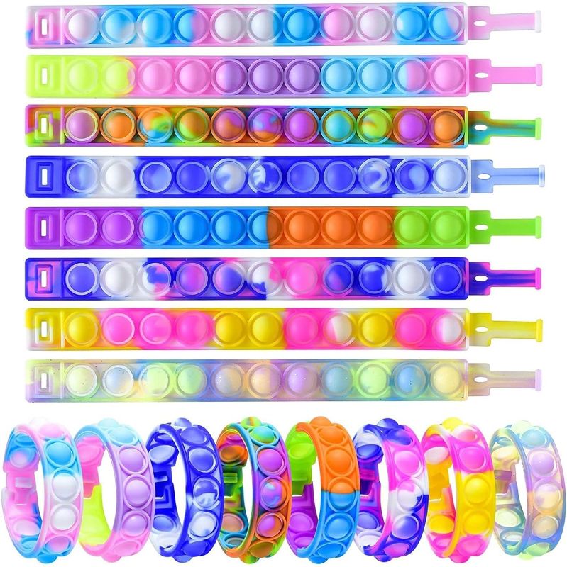 Photo 1 of 16 Pcs Pop Fidget Toy Fidget Bracelet, Wearable Push Poping Bubble Sensory Toys Stress Relief Finger Press Silicone Wristband for Kids Adults Halloween Christmas Party Favors Student Gifts + 10x10 Large Fidget Popper (Red/White/Blue)
