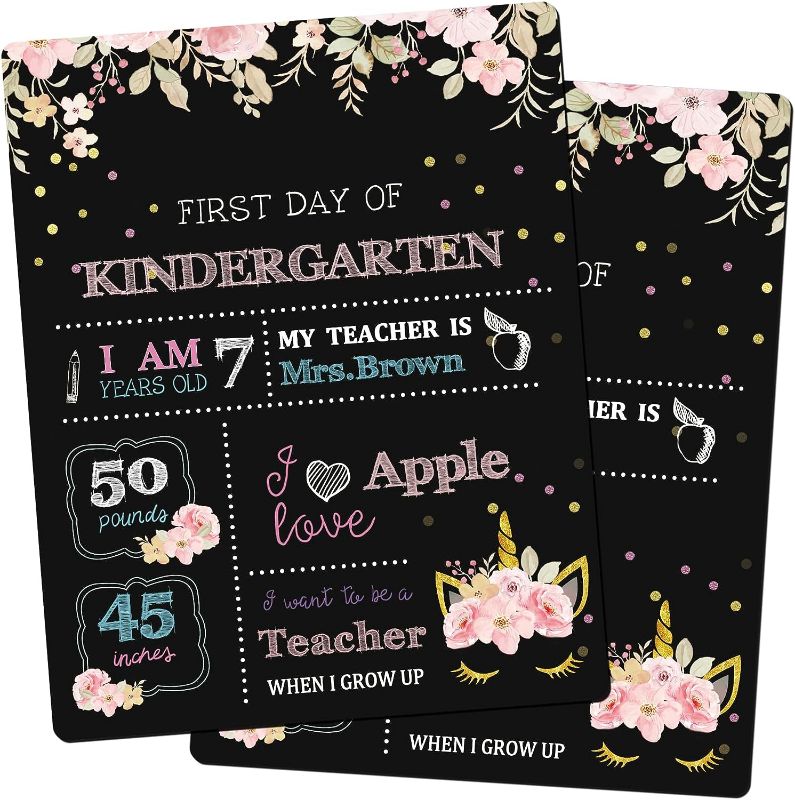 Photo 1 of First Day and Last Day of School Chalkboard 9.8 x 7.9 Inch Back to School Sign for Kids, Double Sided Wooden Reusable Chalkboard for Preschool Kindergarten Photo Prop Sign
