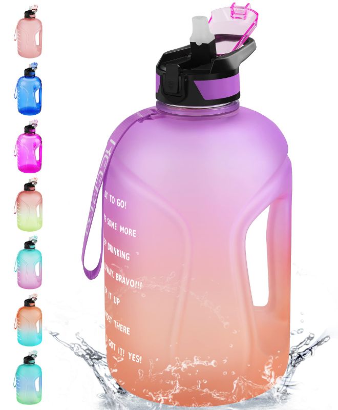 Photo 1 of KEEPTO 1 Gallon Water Bottle with Straw & Time Marker,BPA Free Motivational Water Jug with Strap Orchid/Light Coral Ombre