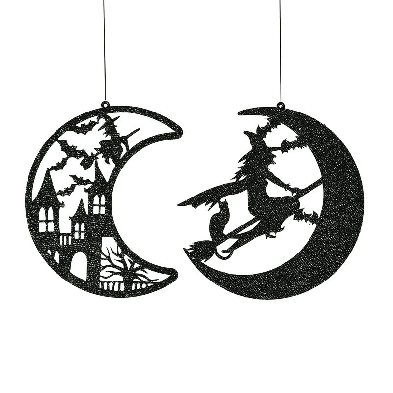 Photo 1 of Krismax Halloween Hanging Decoration Moon Castle and Witch?Wooden Hanging Ornaments,2 Pack Moon Black Witch,Halloween Party Decoration