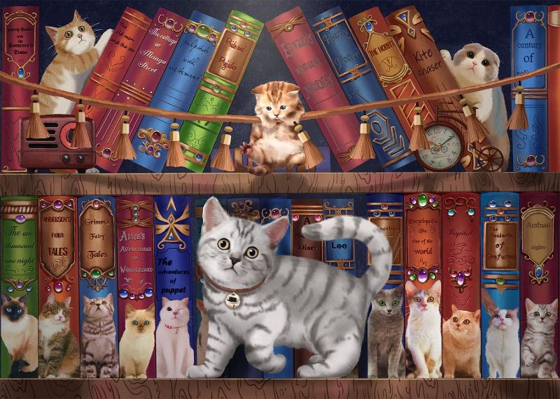 Photo 1 of ZNUOME 1000 Piece Puzzles for Adults - Blue Chip Jigsaw Puzzles Challenge Puzzle Game Artwork, Collection Education Decompressing Fun Game for Adults and Teens 27"×20" - Cat on Bookshelf
