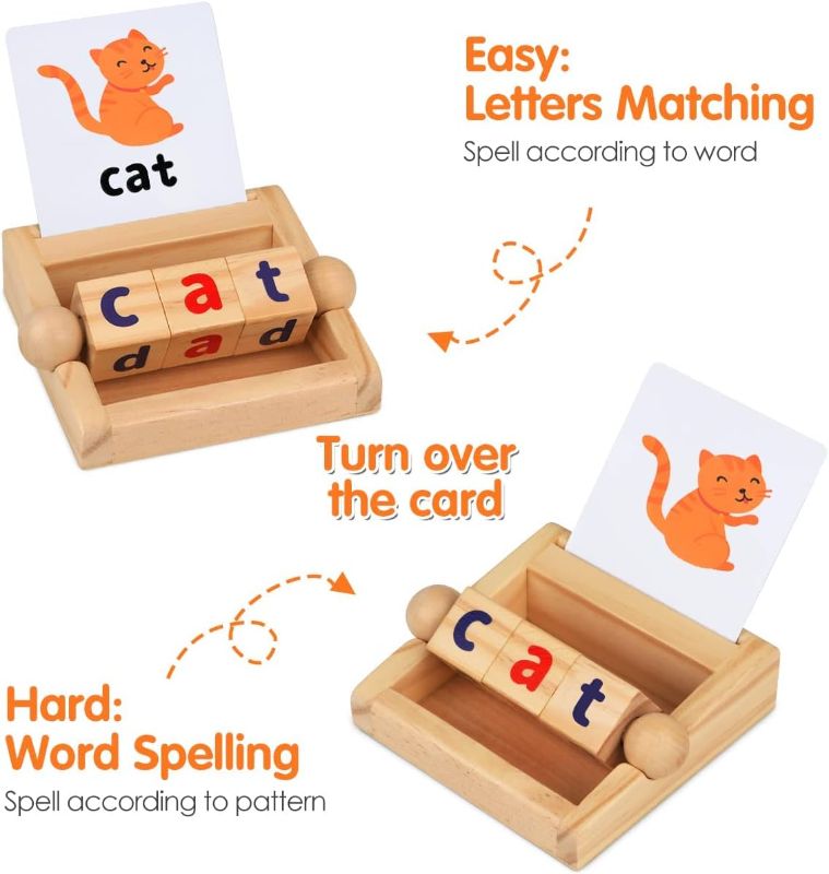 Photo 2 of Montessori Toys for Toddlers 2 3 4 Years Old Wooden Reading Blocks Flash Cards Short Vowel Turning Rotating Matching Letters Toy for Kids Educational Alphabet Learning Toys for Preschool Boys Girls
