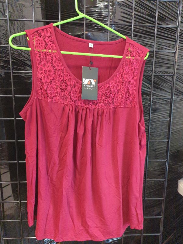Photo 1 of ZYFMAILY Women’ s Tank Tops Round Neck Basic Solid Color Lace Pleated Sleeveless Tank Shirts for Women(1X) - Wine Red, *see photos, stock image to show the style
