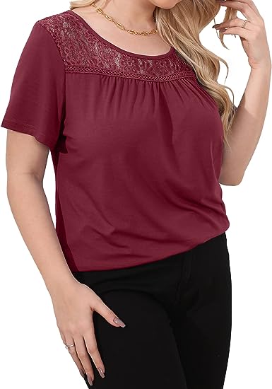 Photo 2 of ZYFMAILY Women’ s Tank Tops Round Neck Basic Solid Color Lace Pleated Sleeveless Tank Shirts for Women(1X) - Wine Red, *see photos, stock image to show the style
